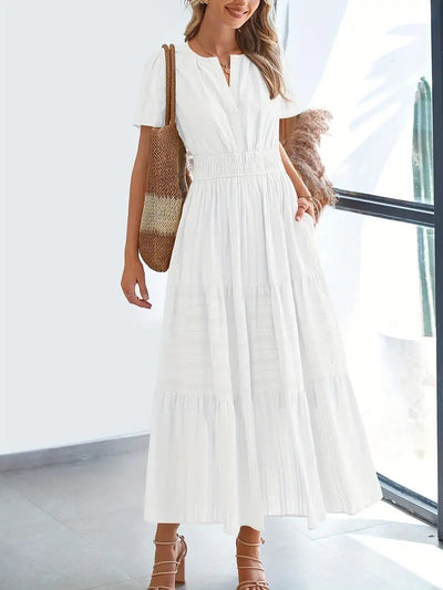 Women’s Maxi Dress – V-Neck – Puff Sleeve – Ruched Waist – Tiered A-Line Fit
