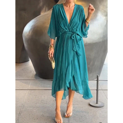 Women’s Maxi Dress – Relaxed Fit – Batwing Sleeves – Tie Waist – Asymmetrical Hem