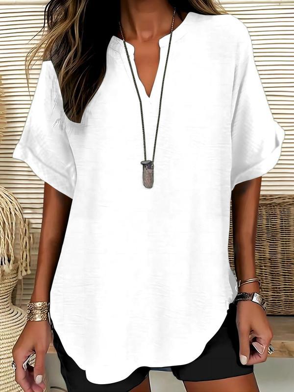 Women’s Blouse – Relaxed Fit – V-Neck – Short Sleeve – Natural Fibers – Hip Length