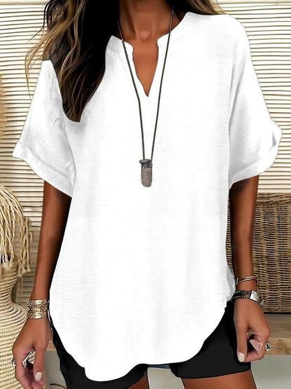 Women’s Blouse – Relaxed Fit – V-Neck – Short Sleeve – Natural Fibers – Hip Length