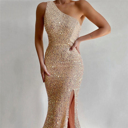 Women’s Evening Dress – One-Shoulder – Slim Fit – Sequin – Floor Length – Side Slit