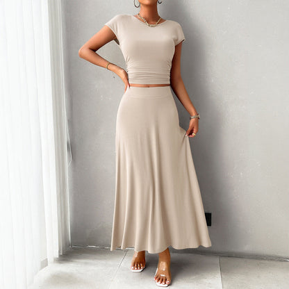 Women’s Dress Set – Slim Fit Crop Top – Ruched Waist – Full-Length Flowing Skirt