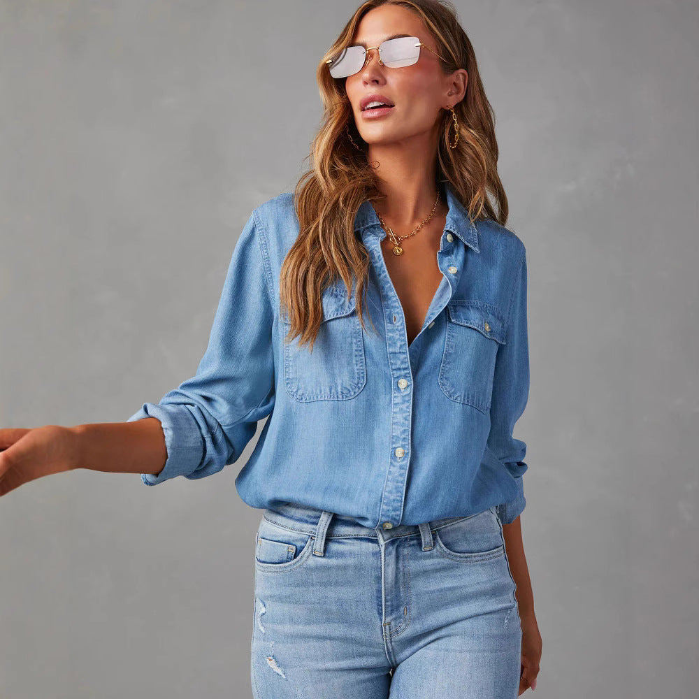 Women’s Denim Shirt – Relaxed Fit – Button Down – Chest Pockets – Long Sleeve Casual