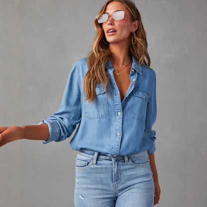 Women’s Denim Shirt – Relaxed Fit – Button Down – Chest Pockets – Long Sleeve Casual