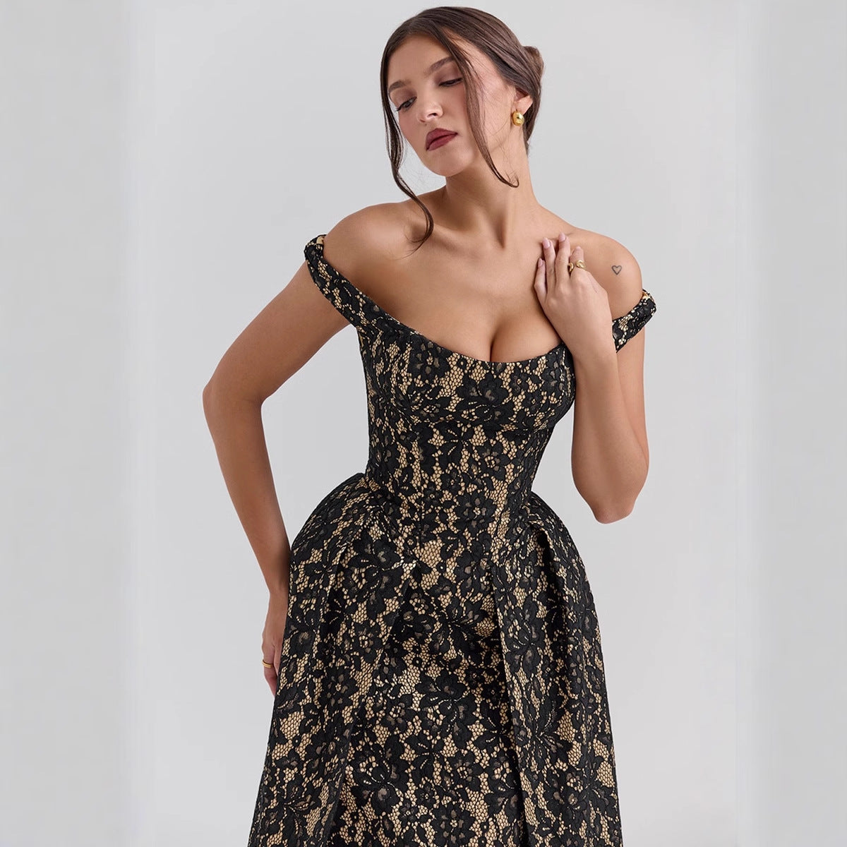 Women’s Off-Shoulder Midi Dress – Lace Overlay – Fitted Waist – Open Back – Floral Detail