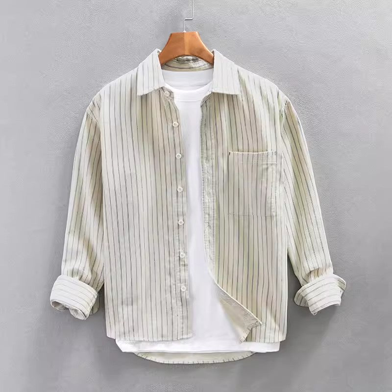 Men’s Long Sleeve Shirt – Relaxed Fit – Vertical Stripes – Lightweight Cotton – Button Down