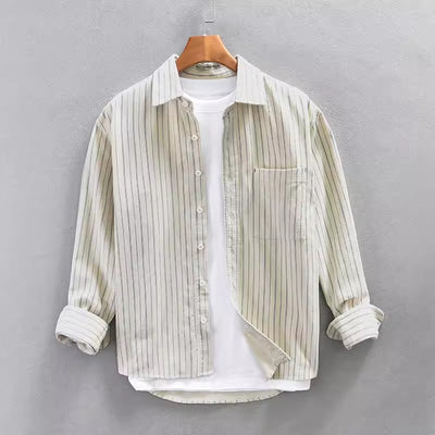 Men’s Long Sleeve Shirt – Relaxed Fit – Vertical Stripes – Lightweight Cotton – Button Down