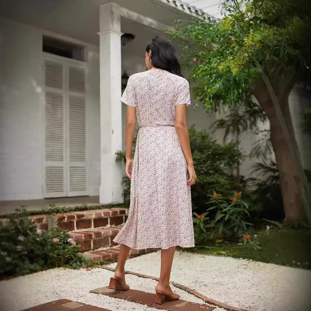 Women’s Midi Dress – V-Neck – Floral Pattern – Relaxed Fit – Breathable Blend