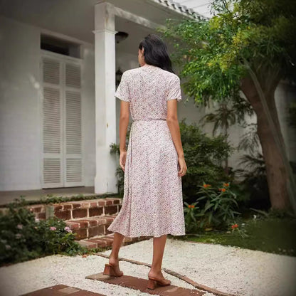 Women’s Midi Dress – V-Neck – Floral Pattern – Relaxed Fit – Breathable Blend