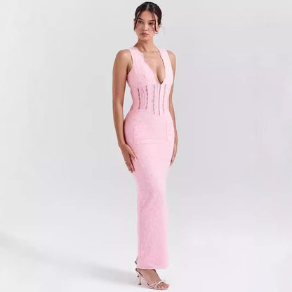Women’s Lace Dress – Fitted High Waist – Plunging Neckline – Full Length Formal Wear