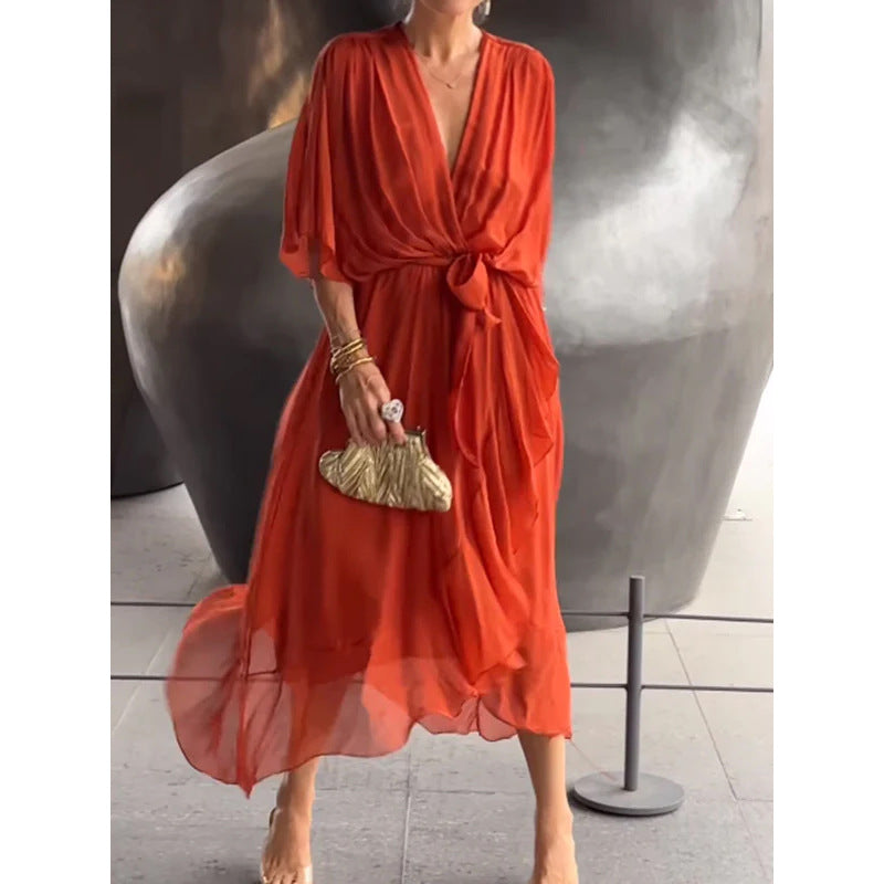 Women’s Maxi Dress – Relaxed Fit – Batwing Sleeves – Tie Waist – Asymmetrical Hem