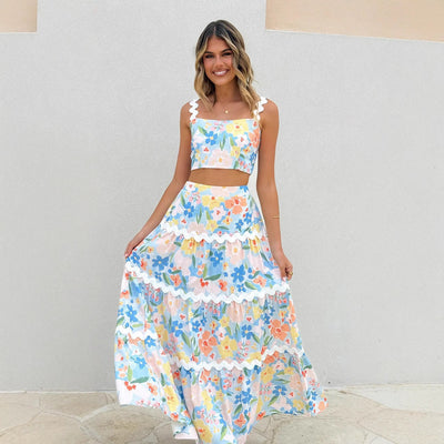 Women’s Two-Piece Set – Lace Trim Crop Top – Tiered High-Waist Skirt – Cotton Blend