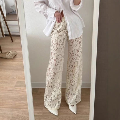 Women’s Wide-Leg Lace Trousers – Sheer Floral Design – Full Length – Elegant Fit
