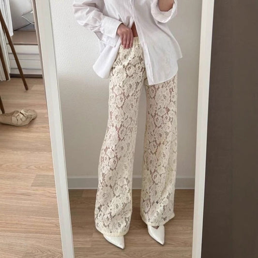 Women’s Wide-Leg Lace Trousers – Sheer Floral Design – Full Length – Elegant Fit