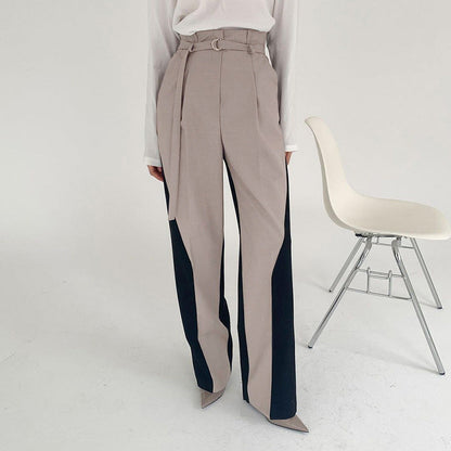 Women’s Wide-Leg Trousers – High Waist – Belted Ring Waistband – Colour Block Panel