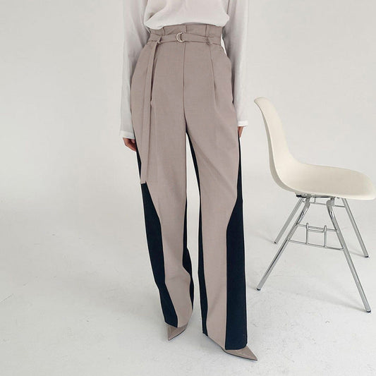 Women’s Wide-Leg Trousers – High Waist – Belted Ring Waistband – Colour Block Panel