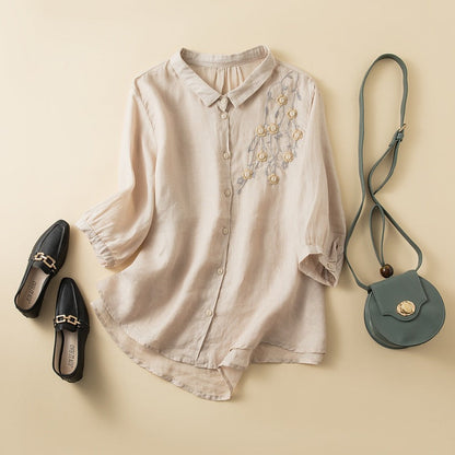 Women’s Button-Up Shirt – Relaxed Fit – Mid Sleeve – Embroidered – Breathable Blend