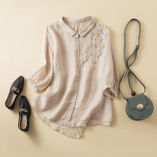 Women’s Button-Up Shirt – Relaxed Fit – Mid Sleeve – Embroidered – Breathable Blend