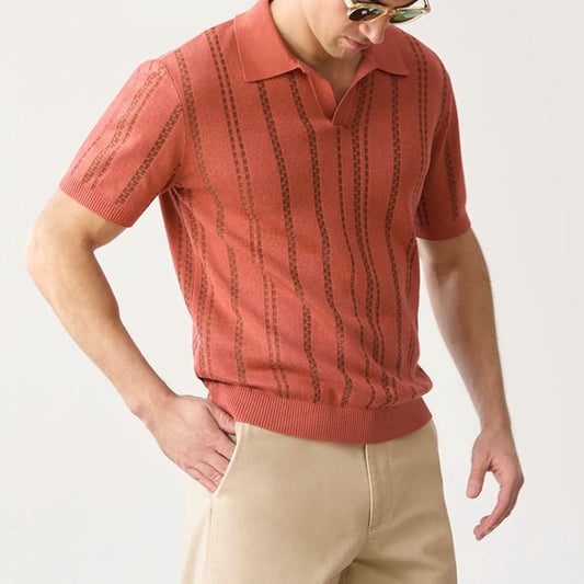 Men’s Polo Shirt – Jacquard Knit – V-Neck – Regular Fit – Short Sleeve Casual Wear