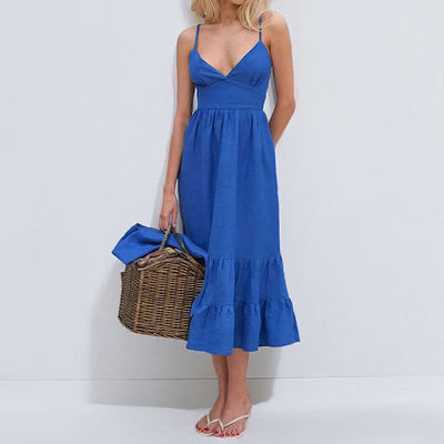 Women’s Midi Dress – Fitted Bodice – V-Neck – Spaghetti Straps – Tiered Hem – Cotton Blend