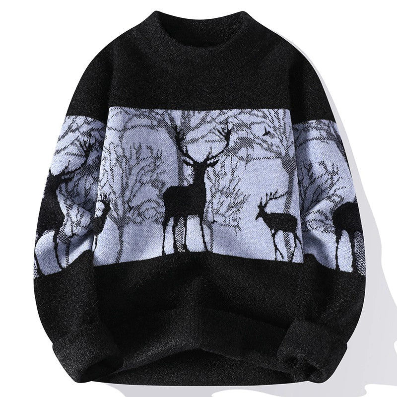 Men’s Pullover Sweater – Loose Fit – Wool Blend Knit – Mock Neck – Deer Pattern