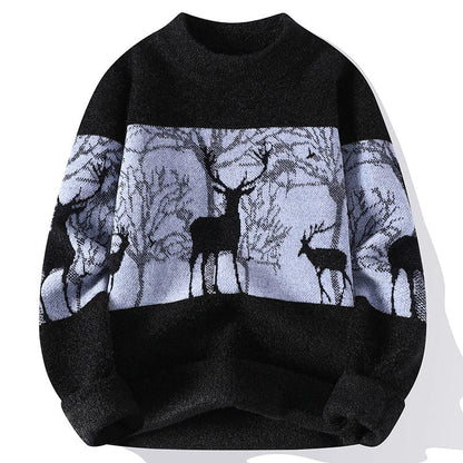 Men’s Pullover Sweater – Loose Fit – Wool Blend Knit – Mock Neck – Deer Pattern