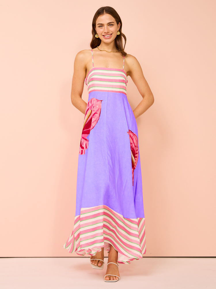 Women’s Midi Dress – Smocked Bodice – A-Line Fit – Spaghetti Straps – Cotton Blend