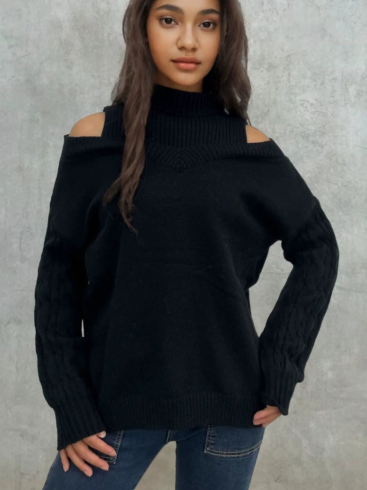Women’s Knitted Sweater – Off-Shoulder – Lantern Sleeve – Cable Knit – Relaxed Fit