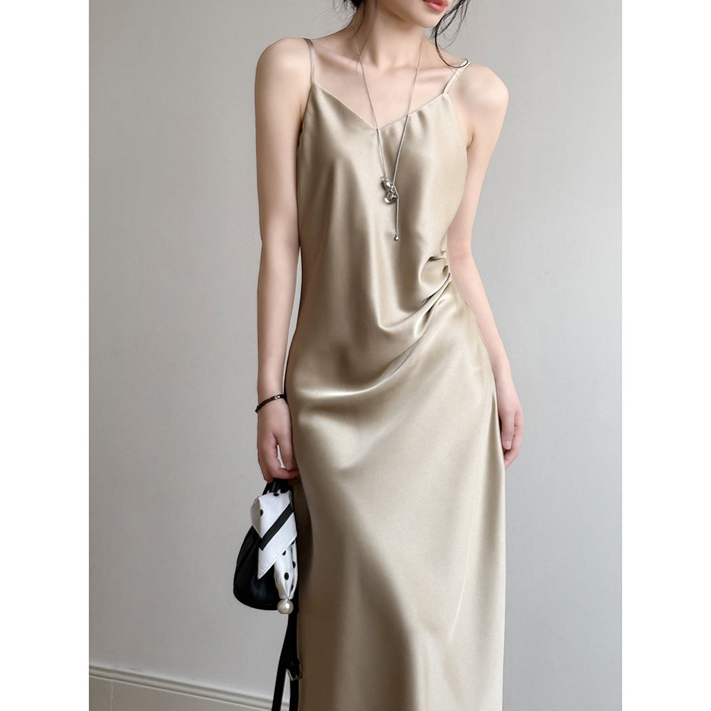 Women’s Camisole Dress – Satin Fabric – A-Line Fit – Spaghetti Straps – Full Length