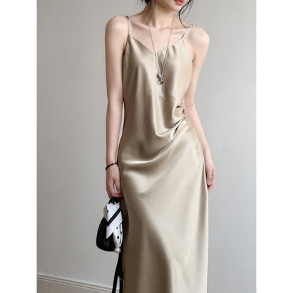 Women’s Camisole Dress – Satin Fabric – A-Line Fit – Spaghetti Straps – Full Length