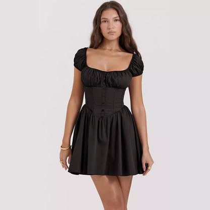 Women’s Mini Dress – Slim Fit – Puff Sleeve – Square Neck – Button Front – Cotton Blend