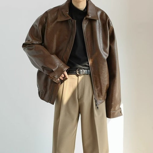 Men’s Leather Jacket – Oversized Cropped Fit – Zip Front – Street Style Casual