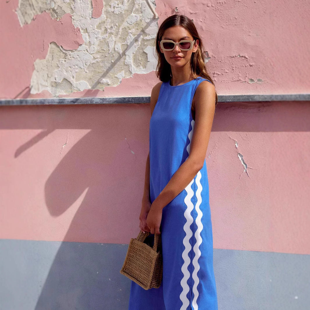 Women’s Sleeveless Dress – Relaxed Fit – Midi Length – Round Neck – Cotton Blend