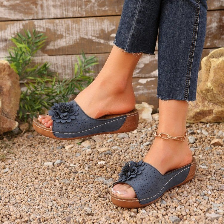 Women’s Wedge Sandals – Open Toe – Perforated Upper – Floral Accent – Cushioned Footbed