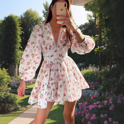 Women’s A-Line Dress – V-Neck Lace Trim – Long Puff Sleeve – Floral Mini