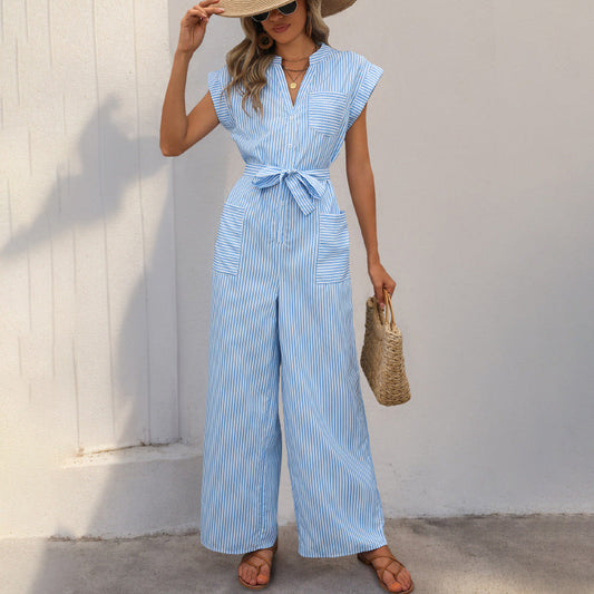 Women’s Jumpsuit – V-Neck – Wide Leg – Tie Waist – Striped – Short Sleeve – Pockets