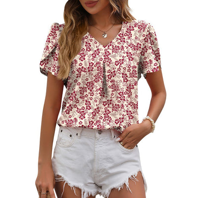 Women's Blouse - V-Neck Pleated - Loose Fit - Short Sleeve Lightweight Casual Wear
