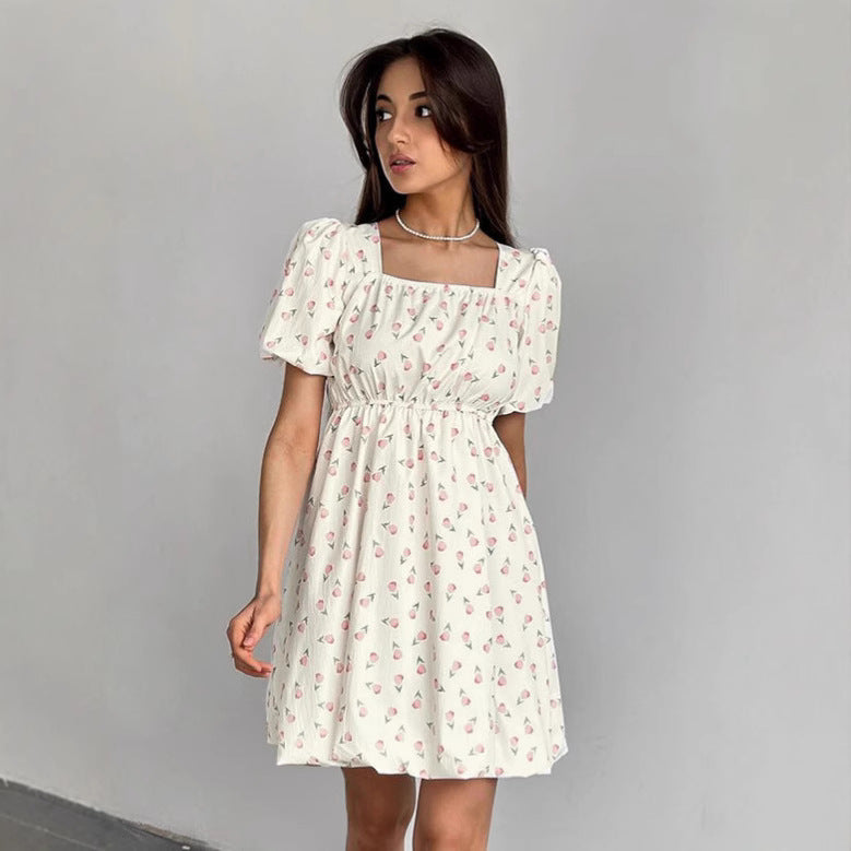 Women’s A-Line Dress – Puff Sleeves – Square Neck – Floral Print – Fitted Waist