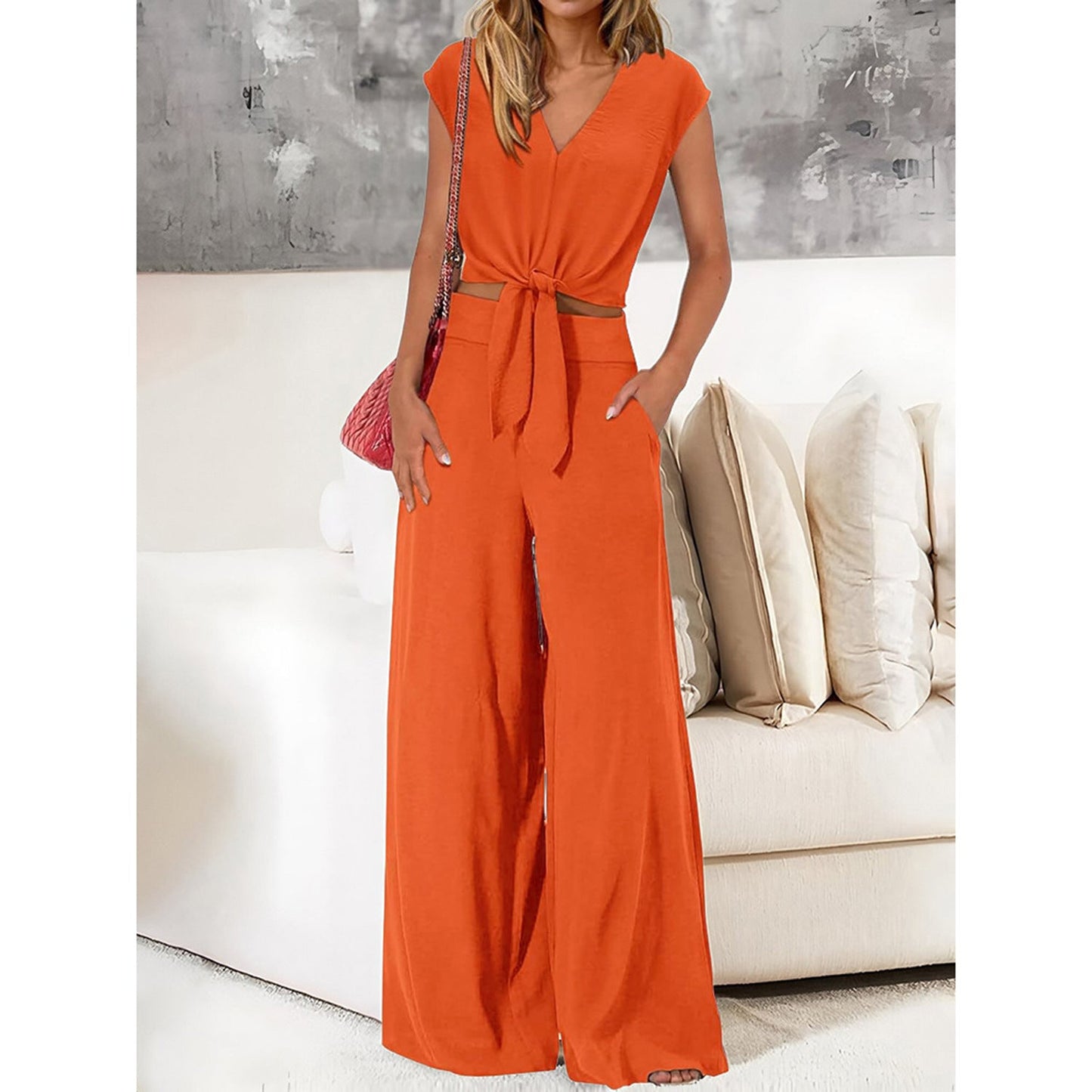 Women’s Two-Piece Set – V-Neck Tie Front Crop Top – High-Waist Wide-Leg Trousers
