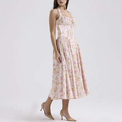 Women’s Halter Neck Dress – Slim Fit – Backless – Gathered Bodice – Flared Midi Skirt