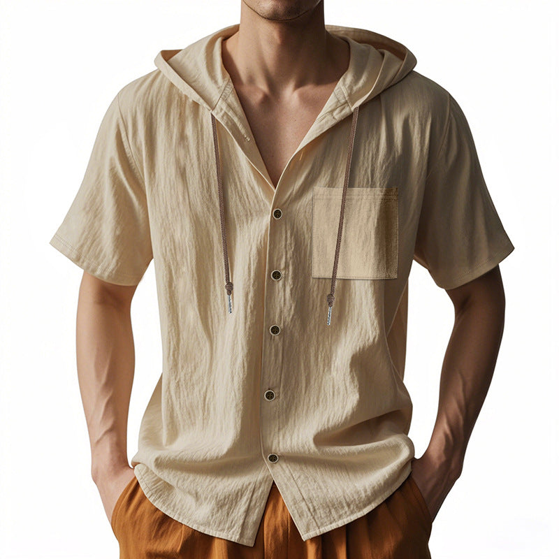 Men’s Hooded Shirt – Linen Blend – Relaxed Fit – Short Sleeve – Button-Up Casual Top