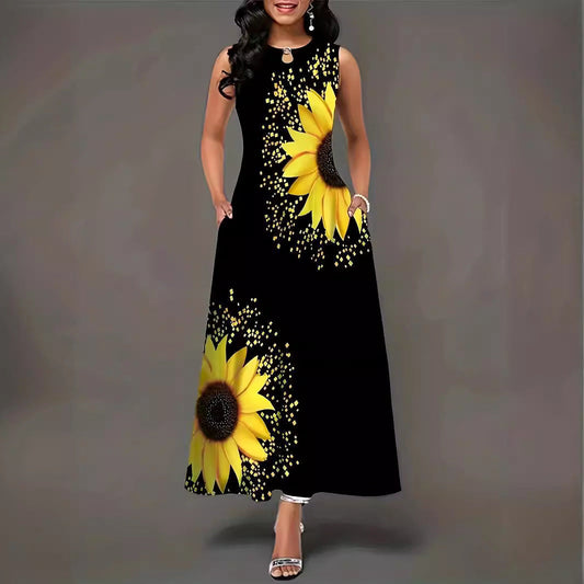 Women’s Maxi Dress – Relaxed Fit – Sleeveless – Sunflower Print – Cotton