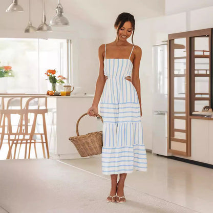 Women’s Midi Dress – A-Line Fit – Cotton Linen Blend – Spaghetti Straps – Cut-Out Waist