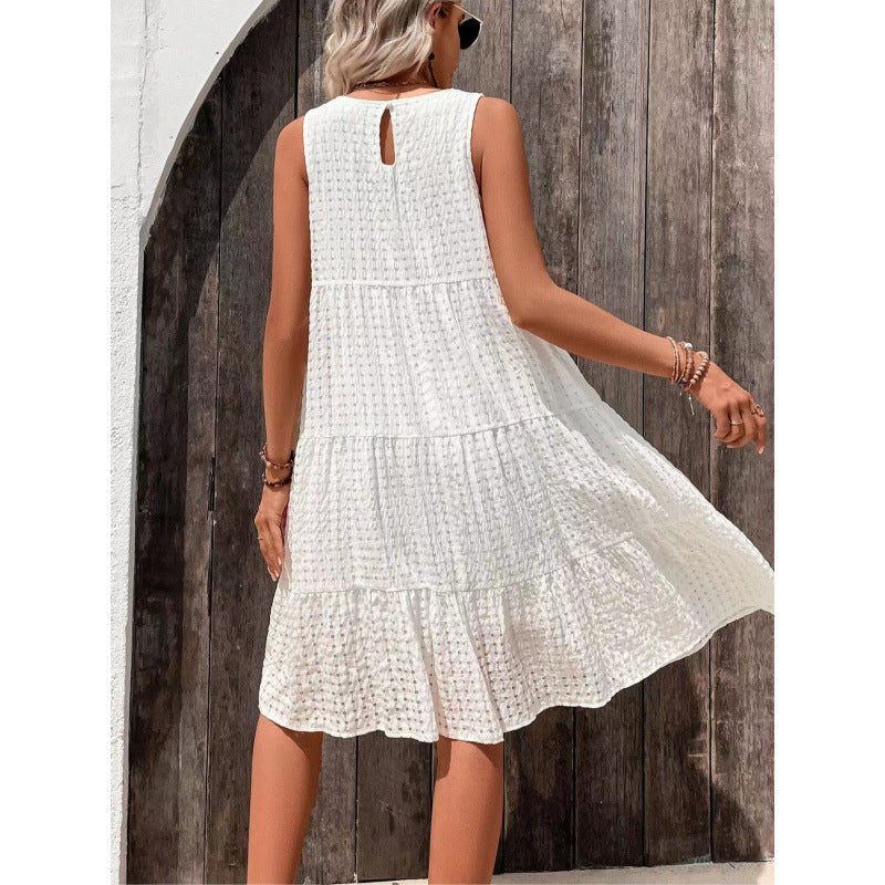 Women’s Sleeveless Dress – Lightweight Fabric – Tiered Loose Fit – Round Neckline