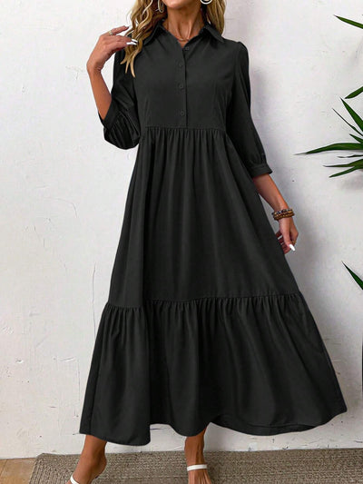 Women's Dress - Button-Down Collared - 3/4 Sleeves - Maxi Length