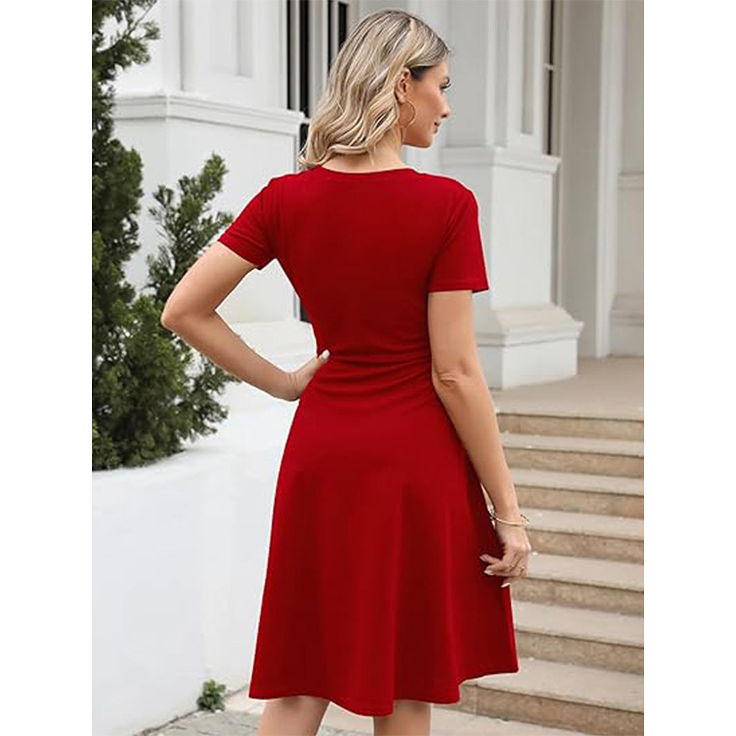 Women’s Fit and Flare Dress – Lightweight Fabric – Round Neck – Short Sleeve – Knee Length