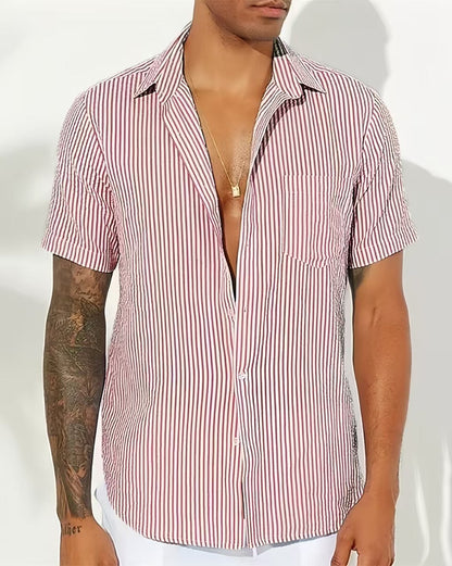 Men’s Casual Shirt – Relaxed Fit – Short Sleeve – Vertical Stripes