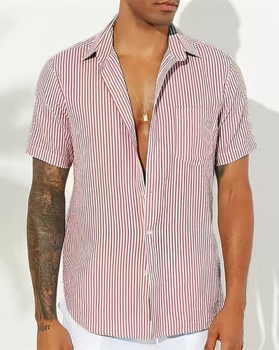 Men’s Casual Shirt – Relaxed Fit – Short Sleeve – Vertical Stripes