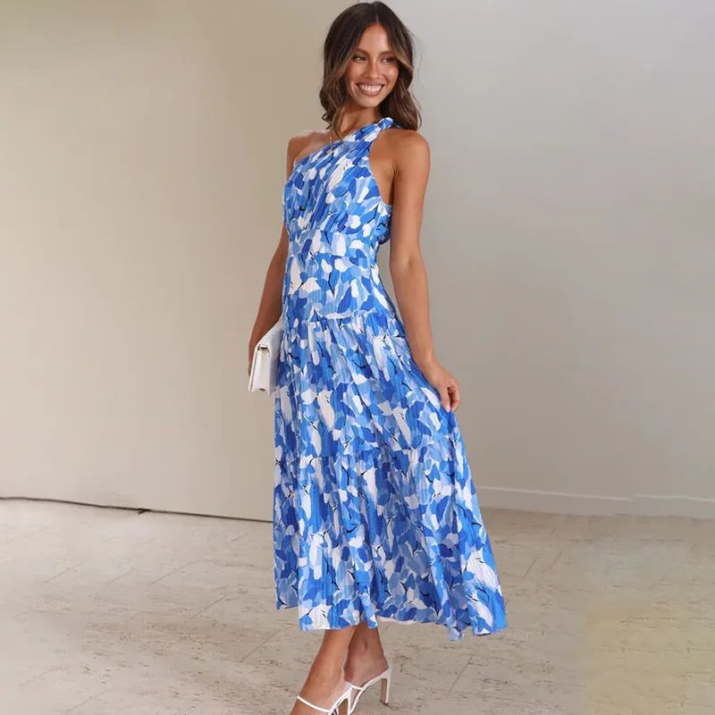 Women’s Maxi Dress – One Shoulder – A-Line Fit – Sleeveless Printed – Breathable Blend