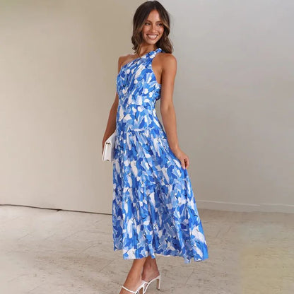 Women’s Maxi Dress – One Shoulder – A-Line Fit – Sleeveless Printed – Breathable Blend